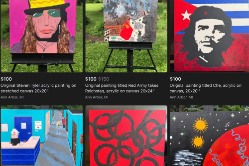 paintings, colorful, people's faces, a battle scene, a hospital scene, an abstract and outer space