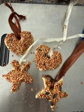 heart and star shaped toast covered in peanut butter and bird seed, with ribbon through them