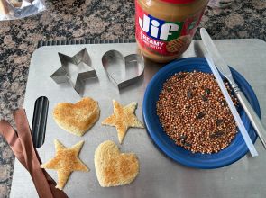Jar of peanut butter, cookie cutters, ribbons, toast shapes, plate with bird seed, straw