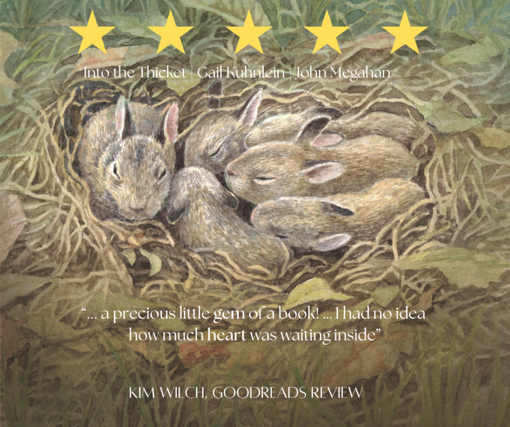 illustration from Into the Thicket, baby rabbits snuggled in nest. 5 stars and excerpt begins "a precious little gem..."