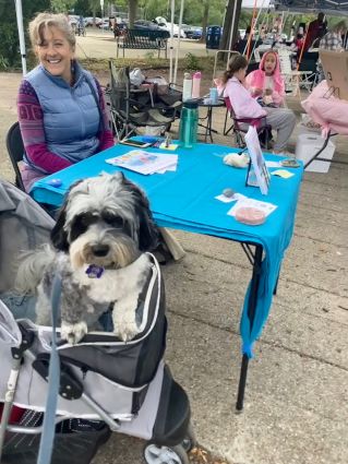 Gail at her Rumble of the Bumble author table, with a cavapoo dog in his stroller in the foreground