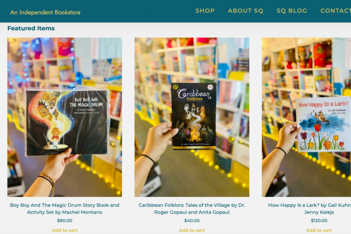 Screenshot of Scribbles and Quills bookshop's website homepage showing three books including How Happy Is a Lark?