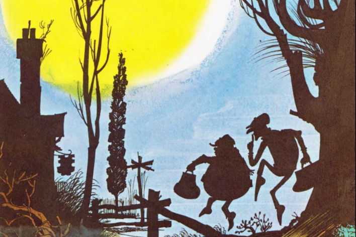 Silhouettes of two burglars sneaking up to the tea house under a large yellow moon