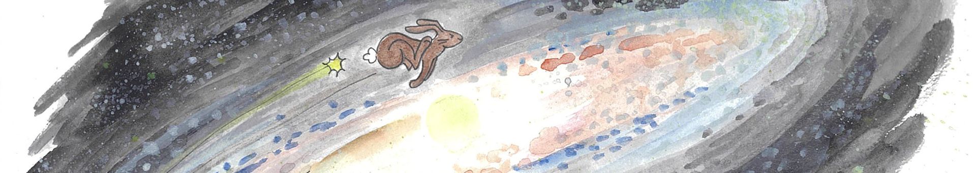 watercolor of a rabbit beating a shooting star in a race across the Milky Way
