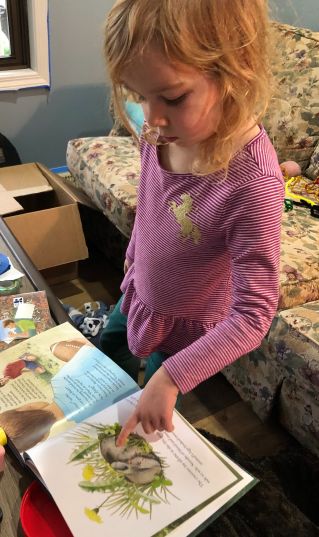Little girl pointing at the injured rabbit in the book
