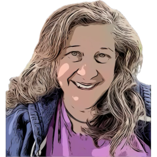 woman smiling, cartoon style image, wearing pink top and navy unzipped hoodie