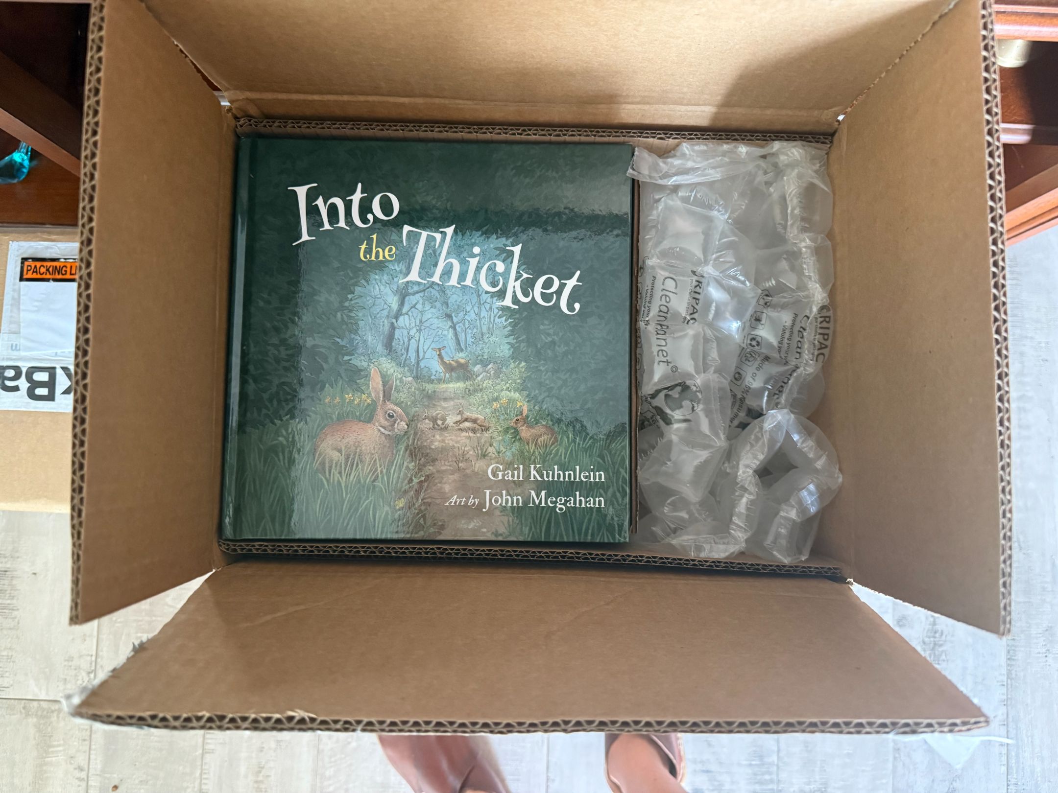 Open box of books, Into the Thicket, and packing material