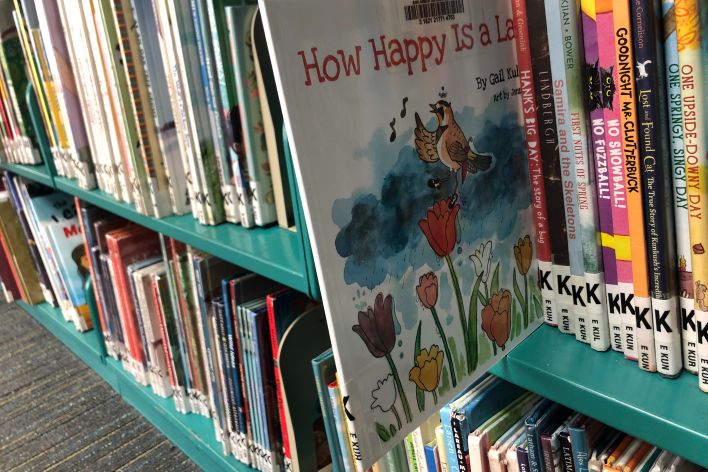 shelf of library books with How Happy Is a Lark pulled out